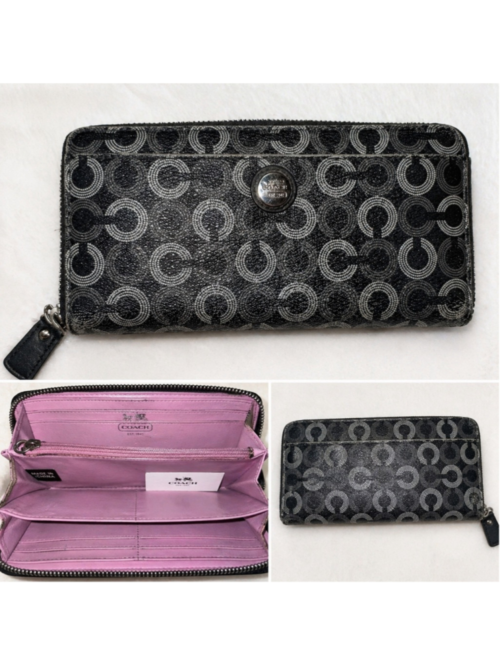 Coach Black Gray Op Art Zip Around Wallet Long Wallet Pink Interior